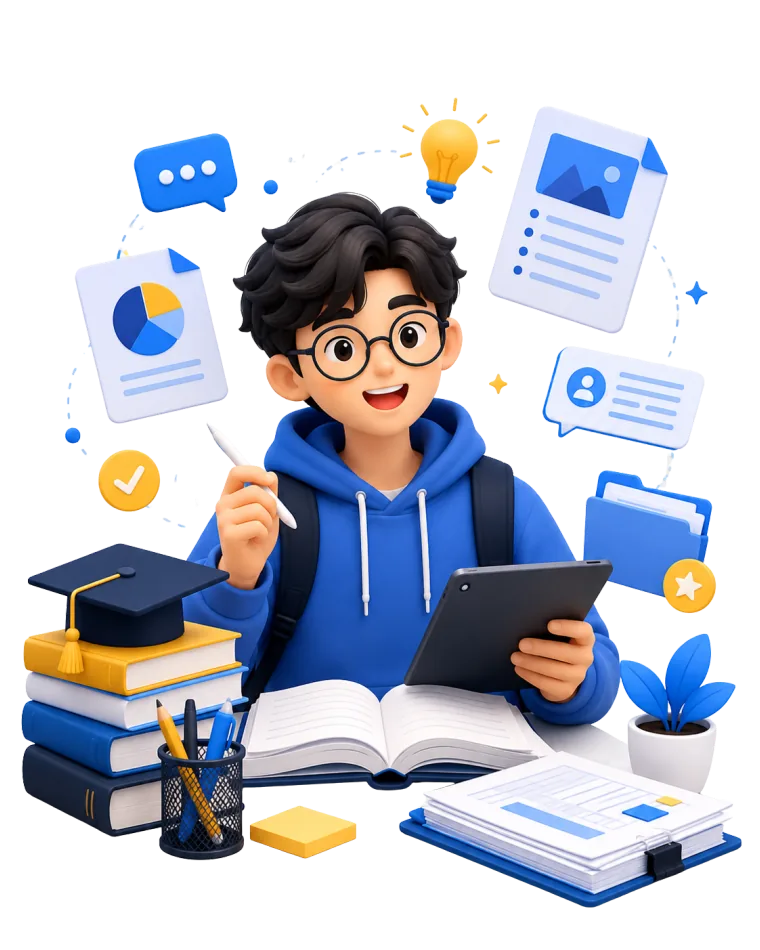 Ilustrasi mahasiswa belajar dengan dokumen akademik